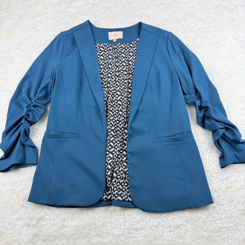 Skies Are Blue Blazer Womens Large Teal Blue Ruched Sleeve Open Front 21408